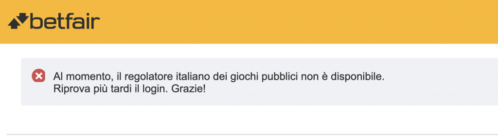 Betfair messaggio "Regolatore italiano non disponibile" 2