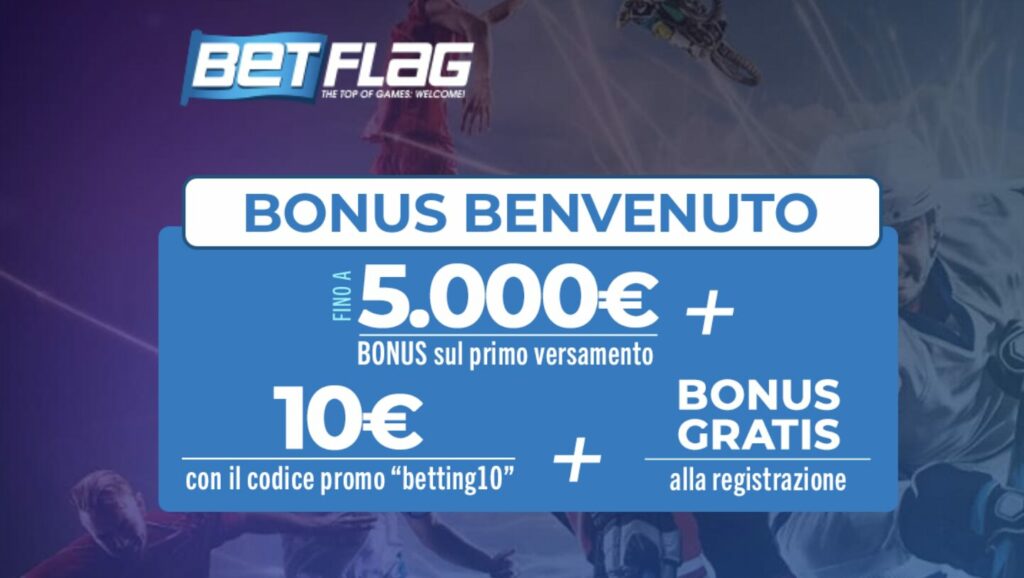 Bonus Scommesse Betflag Fino a 5.010€ con Codice Promo: betting10 1 Qui trovi informazioni sulla promozione Betflag con bonus fino a €5.010 euro con codice promo betting10.